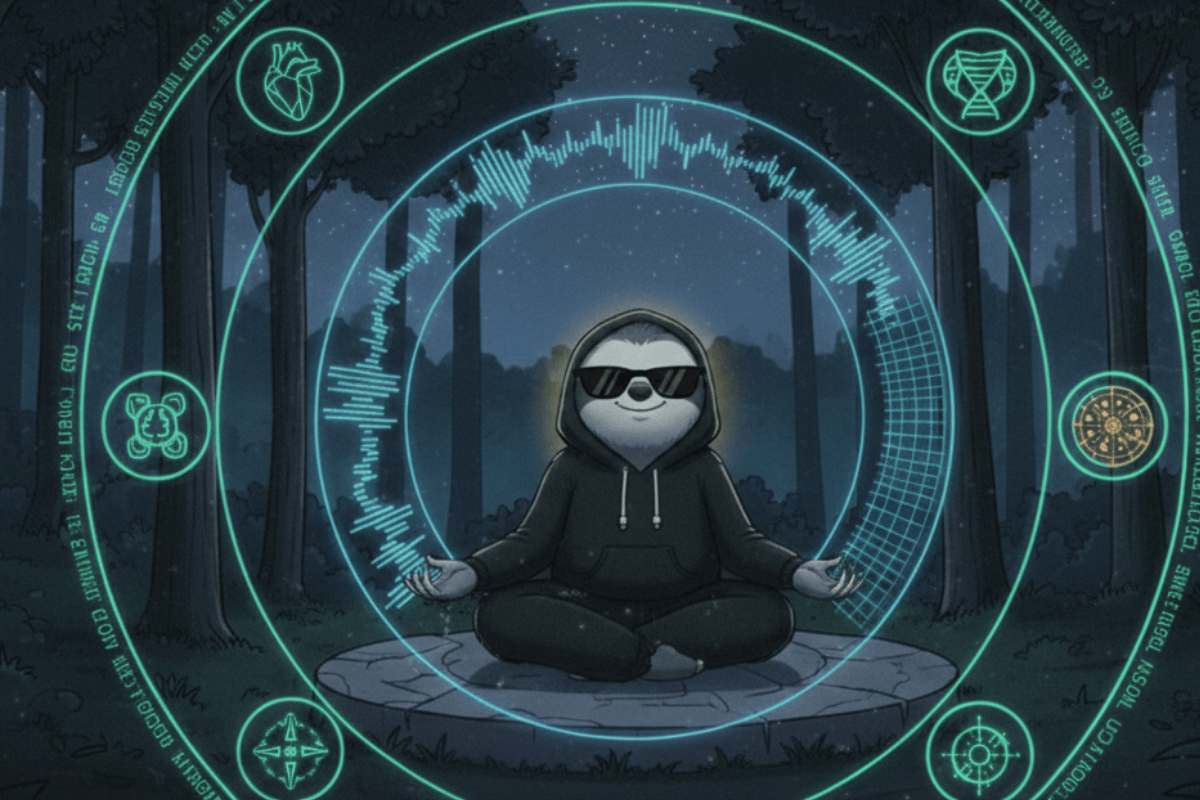 A sloth sitting in a meditative pose with a cosmic background, representing the internal game and the exploration of self-awareness, shadow work, emotional healing, and spiritual growth